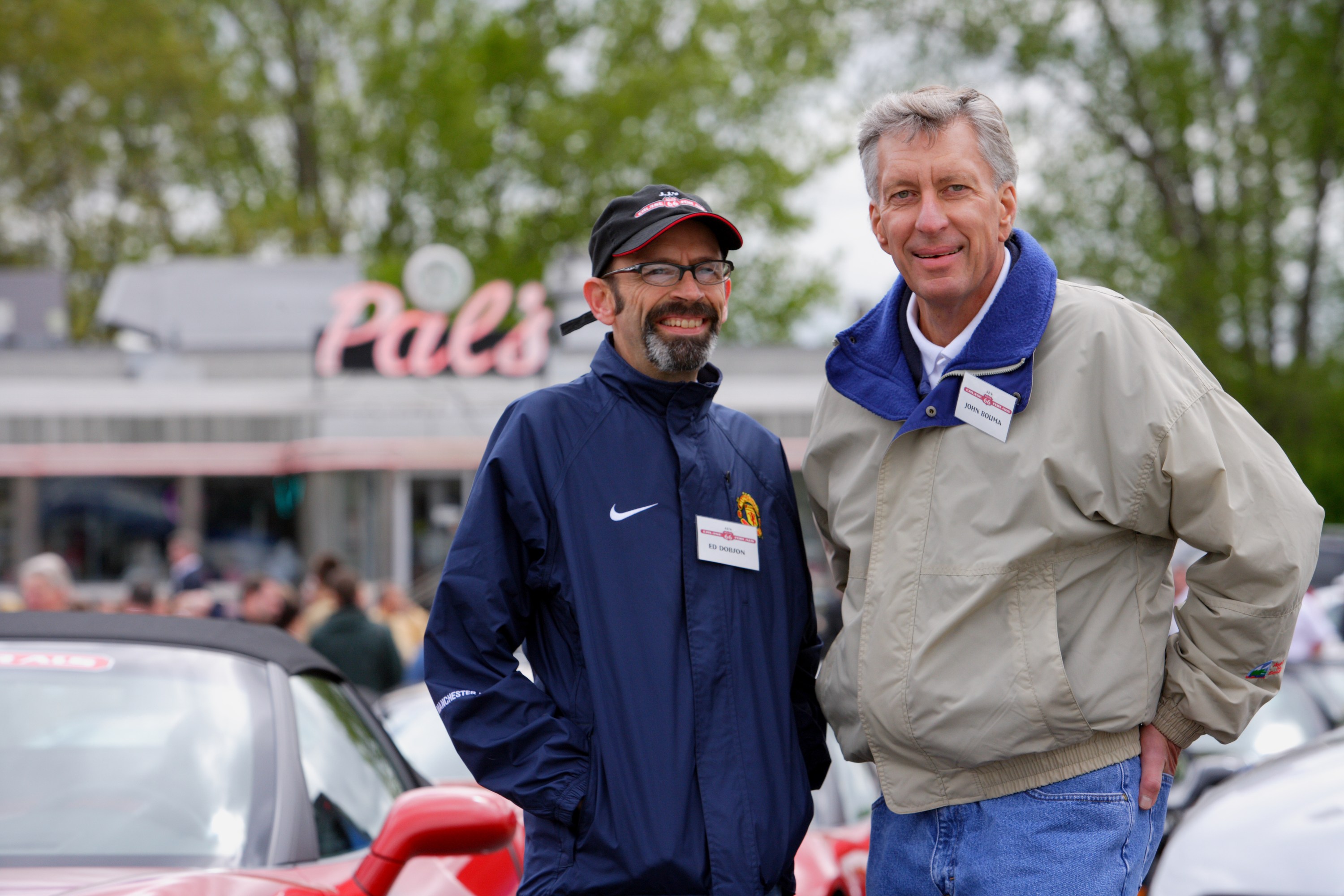 Pastor Ed Dobson and John J.J. Bouma beside the Route 66 ALS campaign Corvettes in Grand Rapids