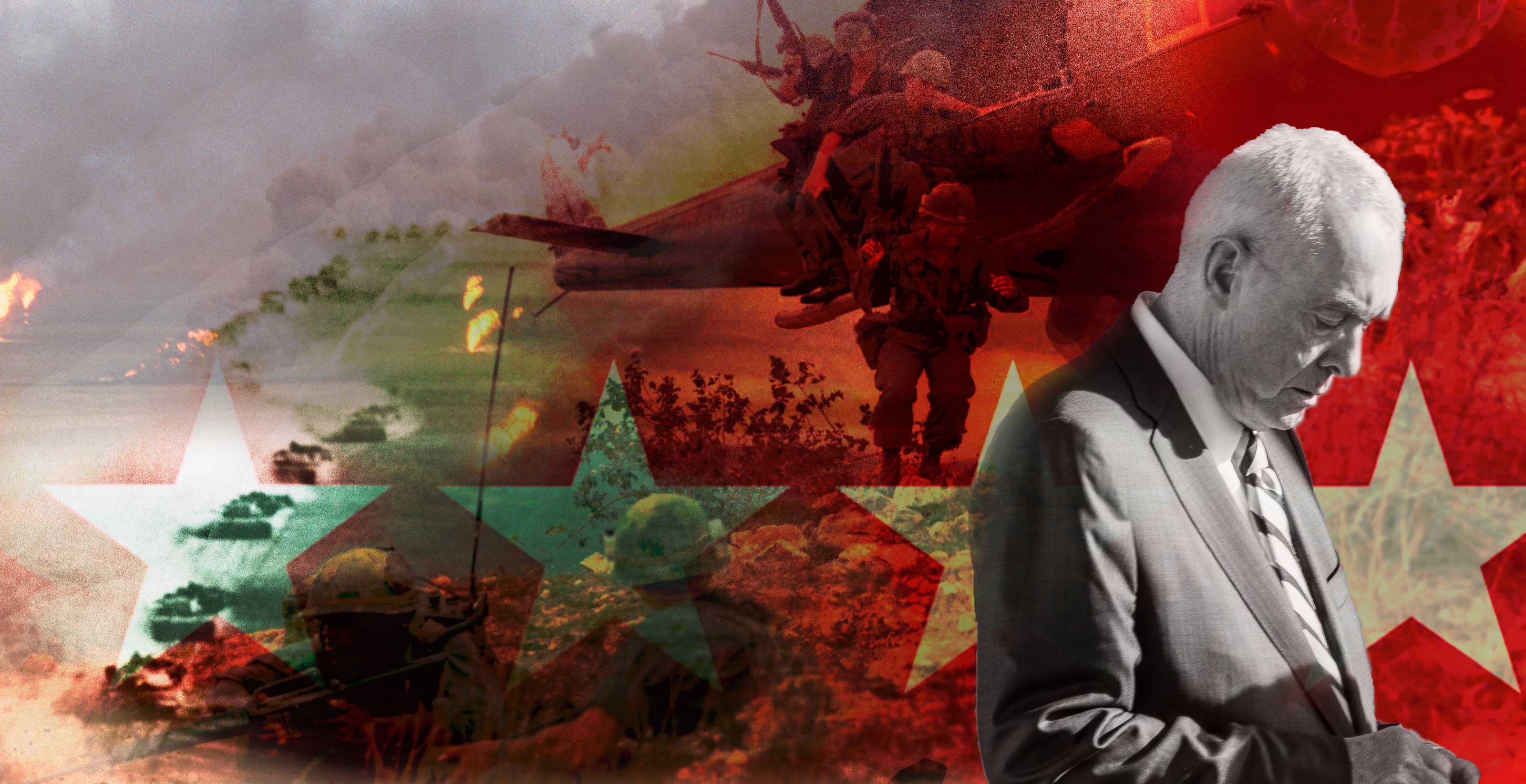 Graphic portrait of Gen. Barry R. McCaffrey photographed by David DeJonge against layered military imagery