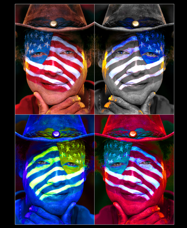 Four-panel composition of artist Paul Collins in a cowboy hat with an American flag painted across his face, shown in four color treatments