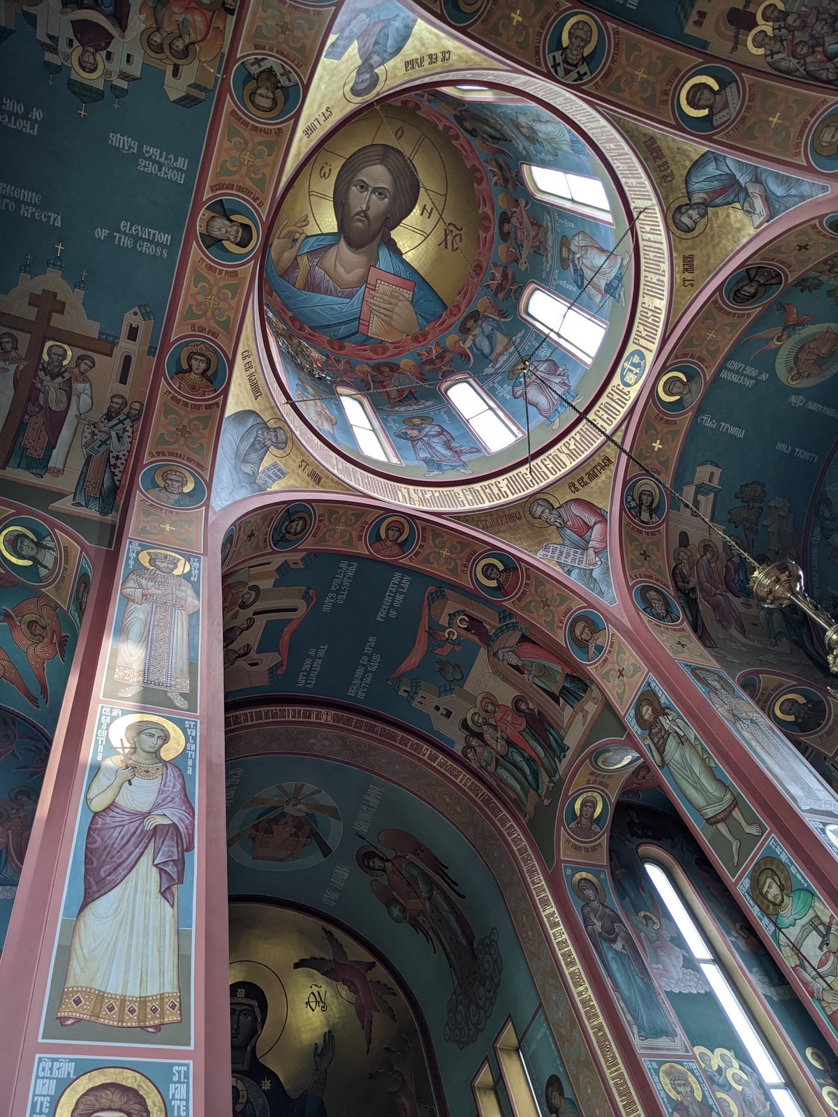 An upward view into the richly painted dome of St. Nicholas Cathedral in Washington, D.C.