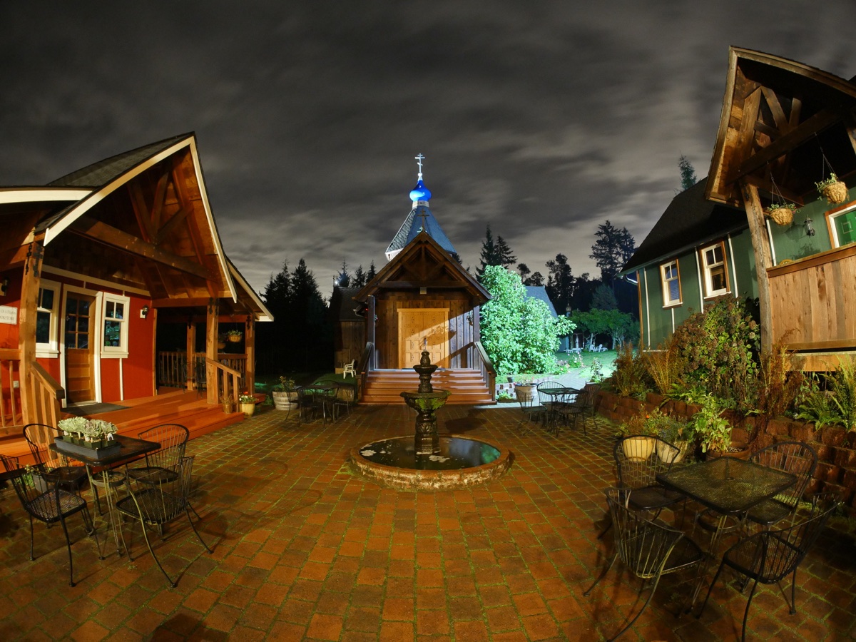 An Orthodox monastery courtyard at night on Vashon Island